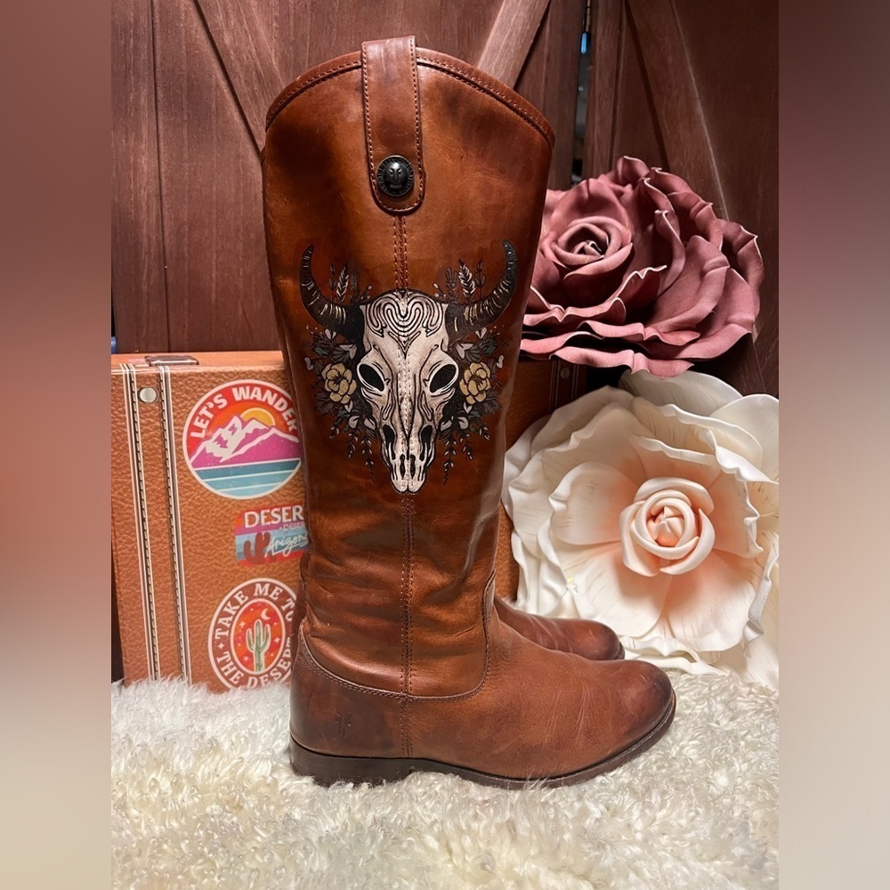 Frye Women's Custom Painted Leather Riding Boots Brown Size 7 - Picture 2 of 7